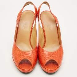 Pre Owned Hermes Orange Crocodile Leather and Lizard Leather Peep Toe Pumps Size 37