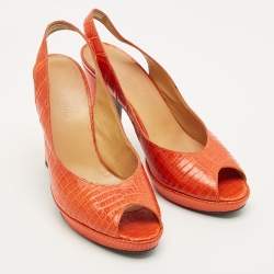 Pre Owned Hermes Orange Crocodile Leather and Lizard Leather Peep Toe Pumps Size 37