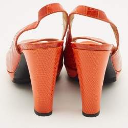 Pre Owned Hermes Orange Crocodile Leather and Lizard Leather Peep Toe Pumps Size 37