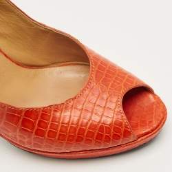 Pre Owned Hermes Orange Crocodile Leather and Lizard Leather Peep Toe Pumps Size 37