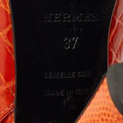 Pre Owned Hermes Orange Crocodile Leather and Lizard Leather Peep Toe Pumps Size 37
