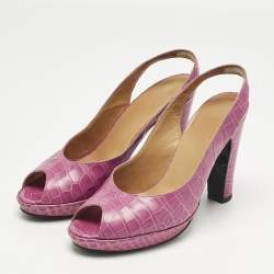 Pre Owned Hermes Purple Crocodile Leather Peep Toe Slingback Pumps Size 37
