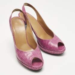 Pre Owned Hermes Purple Crocodile Leather Peep Toe Slingback Pumps Size 37