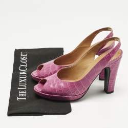 Pre Owned Hermes Purple Crocodile Leather Peep Toe Slingback Pumps Size 37