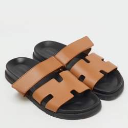 Pre Owned صندل فلات شِبري جلد بني هيرمس مقاس 39