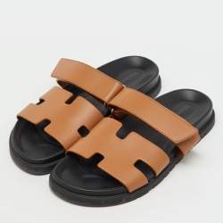 Pre Owned صندل فلات شِبري جلد بني هيرمس مقاس 39