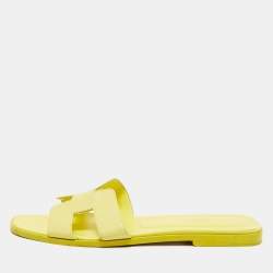 Pre Owned Hermes Yellow Leather Oran Flat Slides Size 40.5