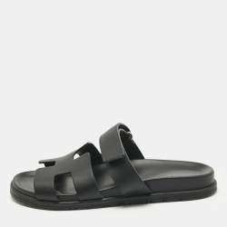 Pre Owned Hermes Black Leather Chypre Flat Sandals Size 40.5