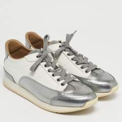 Pre Owned Hermes Metallic Silver/White Leather H Sneakers Size 40