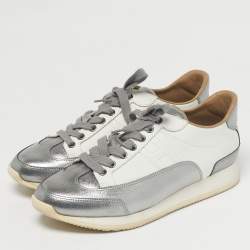 Pre Owned Hermes Metallic Silver/White Leather H Sneakers Size 40