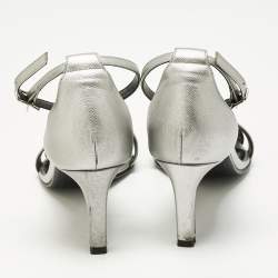 Pre Owned Hermes Silver Leather Premiere Ankle Strap Sandals Size 38