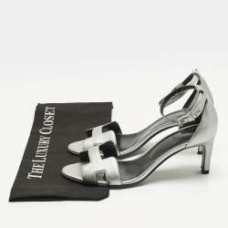 Pre Owned Hermes Silver Leather Premiere Ankle Strap Sandals Size 38