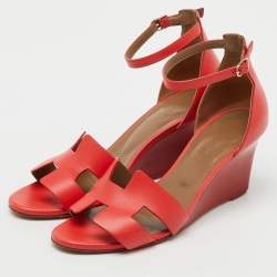 Pre Owned Hermes Red Leather Legend Ankle Strap Wedge Sandals Size 39