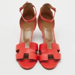 Pre Owned Hermes Red Leather Legend Ankle Strap Wedge Sandals Size 39