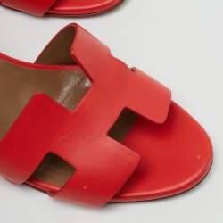 Pre Owned Hermes Red Leather Legend Ankle Strap Wedge Sandals Size 39