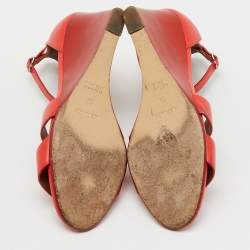 Pre Owned Hermes Red Leather Legend Ankle Strap Wedge Sandals Size 39