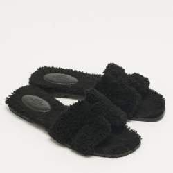 Pre Owned Hermès Black Shearling Fur Oran Flat Slides Size 38