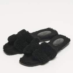 Pre Owned Hermès Black Shearling Fur Oran Flat Slides Size 38