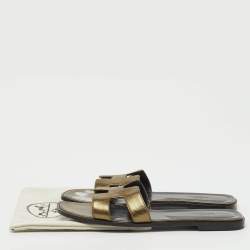 Pre Owned Hermes Brown Metallic Leather Oran Flat Slide Sandals Size 42