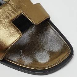 Pre Owned Hermes Brown Metallic Leather Oran Flat Slide Sandals Size 42