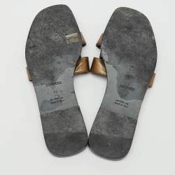 Pre Owned Hermes Brown Metallic Leather Oran Flat Slide Sandals Size 42