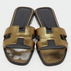 Pre Owned Hermes Brown Metallic Leather Oran Flat Slide Sandals Size 42