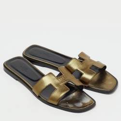 Pre Owned Hermes Brown Metallic Leather Oran Flat Slide Sandals Size 42