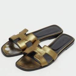 Pre Owned Hermes Brown Metallic Leather Oran Flat Slide Sandals Size 42