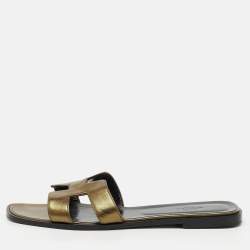 Pre Owned Hermes Brown Metallic Leather Oran Flat Slide Sandals Size 42