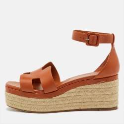 Pre Owned Hermes Brown Leather Elda Espadrille Platform Sandals Size 41