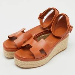 Pre Owned Hermes Brown Leather Elda Espadrille Platform Sandals Size 41