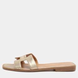 Pre Owned Hermes Gold Leather Oran Flat Slides Size 40