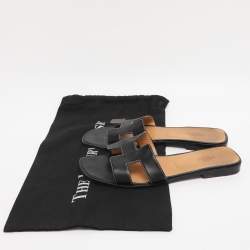 Pre Owned Hermes Black Leather Oran Flat Slides Size 40.5