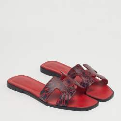 Pre Owned Hermès Black/Red Leather Oran Flat Slide Size 39.5