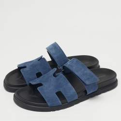Pre Owned Hermes Dark Blue Suede Chypre Sandals Size 43.5