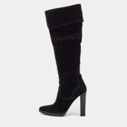 Pre Owned Hermes Black Suede Crusader Embroidered Knee Length Boots Size 36.5