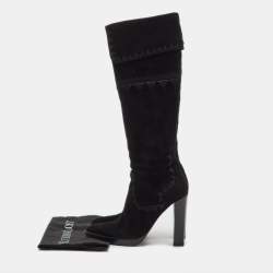 Pre Owned Hermes Black Suede Crusader Embroidered Knee Length Boots Size 36.5