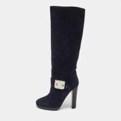 Pre Owned Hermes Navy Blue Suede Knee Length Boots Size 36.5