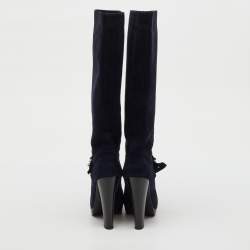 Pre Owned Hermes Navy Blue Suede Knee Length Boots Size 36.5