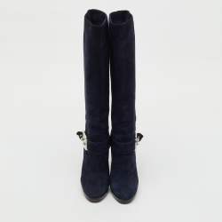 Pre Owned Hermes Navy Blue Suede Knee Length Boots Size 36.5