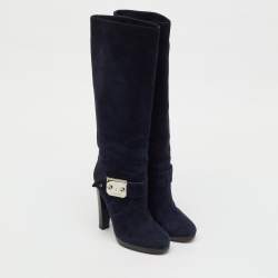 Pre Owned Hermes Navy Blue Suede Knee Length Boots Size 36.5