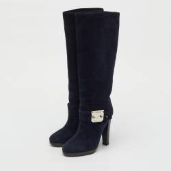 Pre Owned Hermes Navy Blue Suede Knee Length Boots Size 36.5
