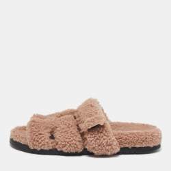 Pre Owned Hermes Beige Shearling Fur Chypre Flat Sandals Size 39