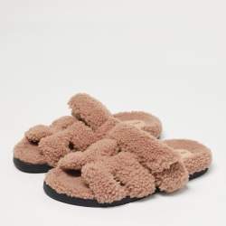 Pre Owned Hermes Beige Shearling Fur Chypre Flat Sandals Size 39