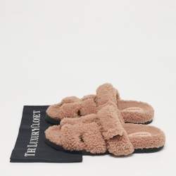 Pre Owned Hermes Beige Shearling Fur Chypre Flat Sandals Size 39