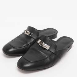 Pre Owned Hermes Black Leather Oz Mules Size 38
