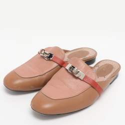 Pre Owned Hermes Tricolor Leather Palladium Finish Plated Oz Mules  Size 38.5