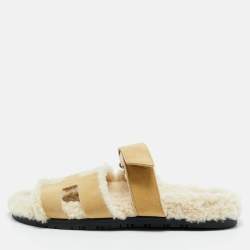 Pre Owned Hermes Brown Suede Shearling Fur Chypre Sandals Size 39