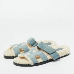 Pre Owned Hermes Blue Shearling Fur and Suede Chypre Slide Sandals Size 39