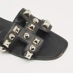 Pre Owned Hermes Black Leather Crystal Embellished Oran Flat Slides Size 38